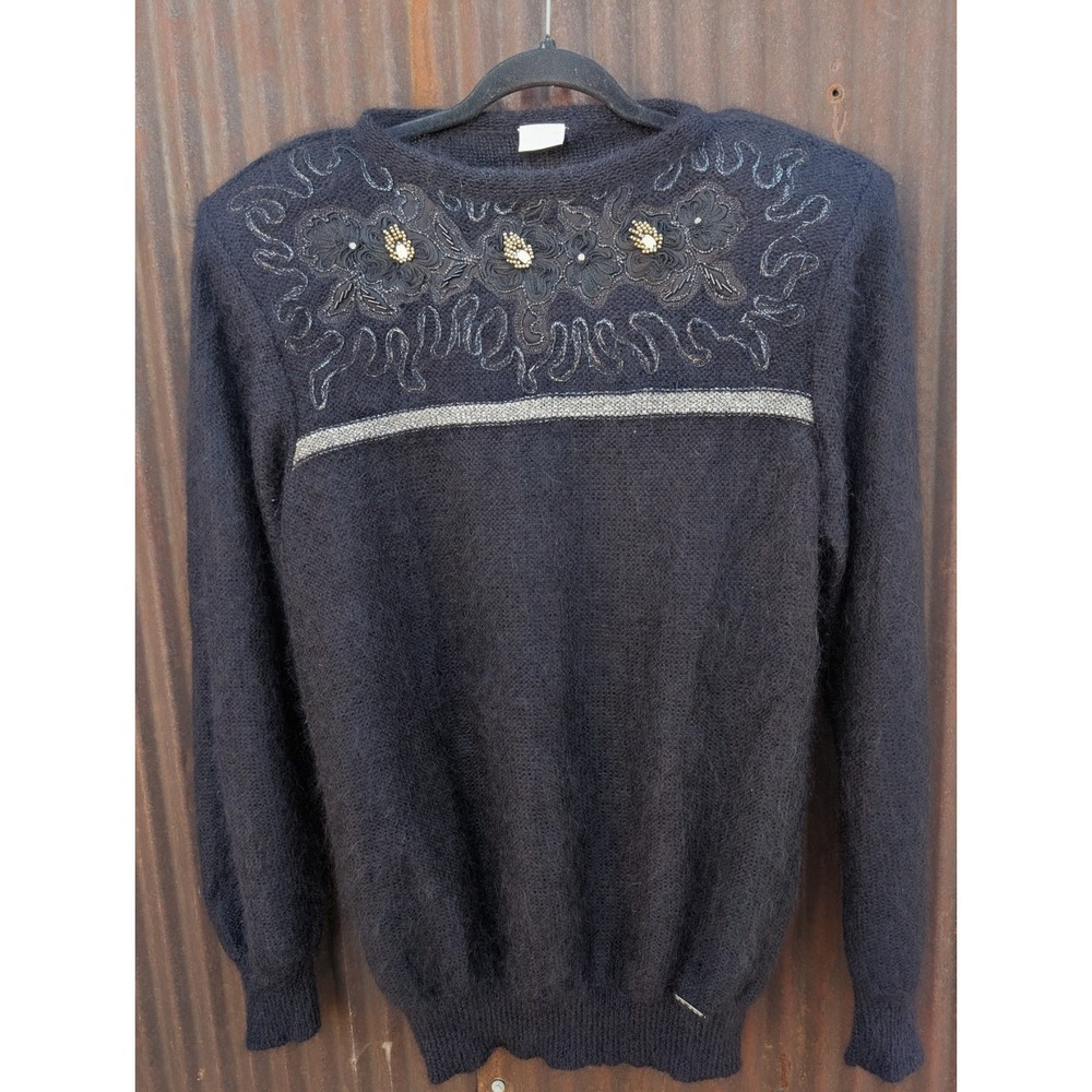 Vintage Geiger Mohair Sweater Women Large Black 80s Floral Shoulder Pads Momcore